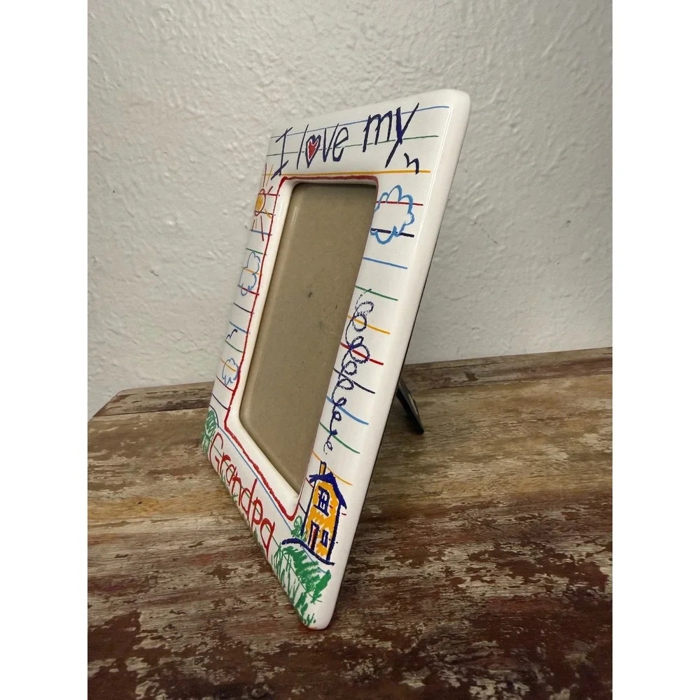 Vintage I Love My Grandpa Ceramic Picture Frame 4x6 Colorful Crayon Style